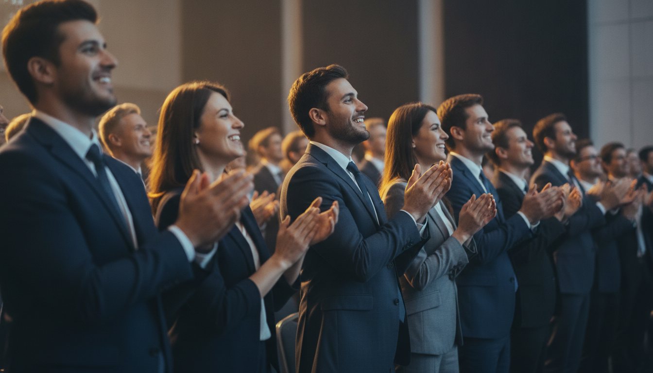 A business audience applauding at a conference
