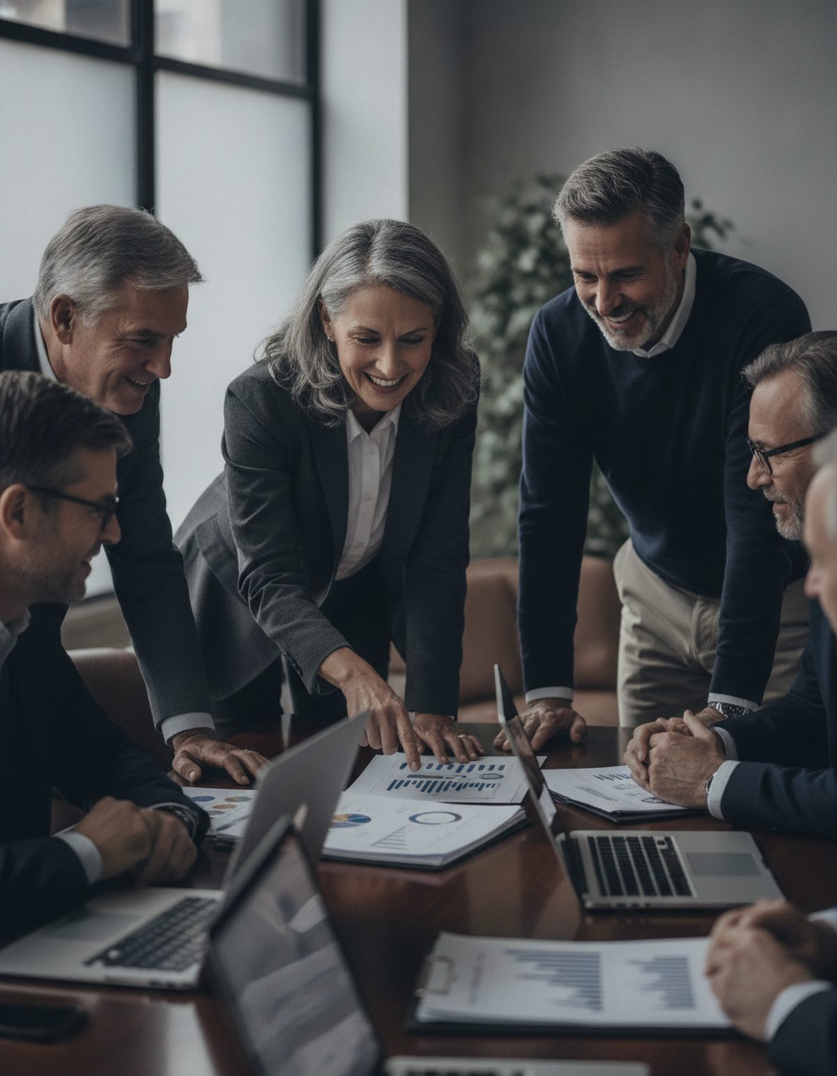 Senior executives huddled over laptops and worksheets in a hands-on workshop