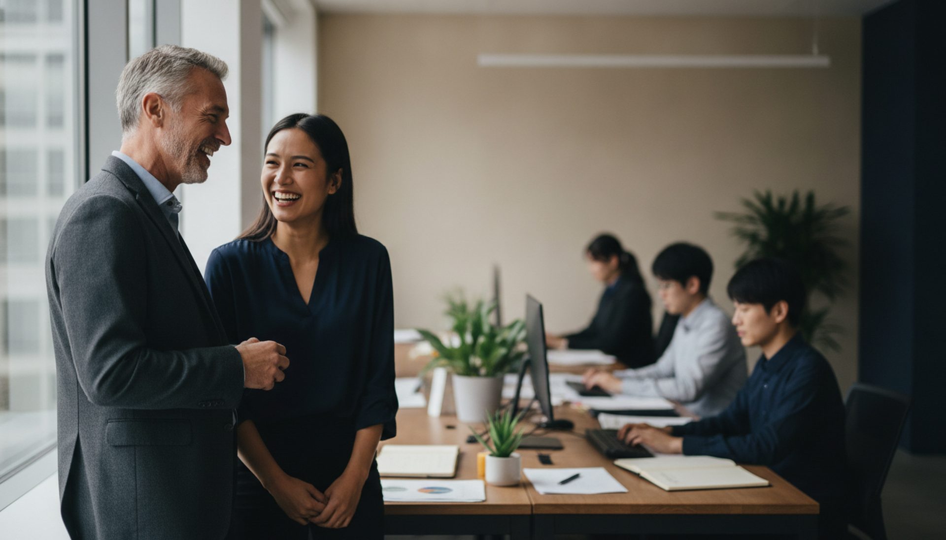 A manager and a young employee sharing a laugh in a warm, human workplace