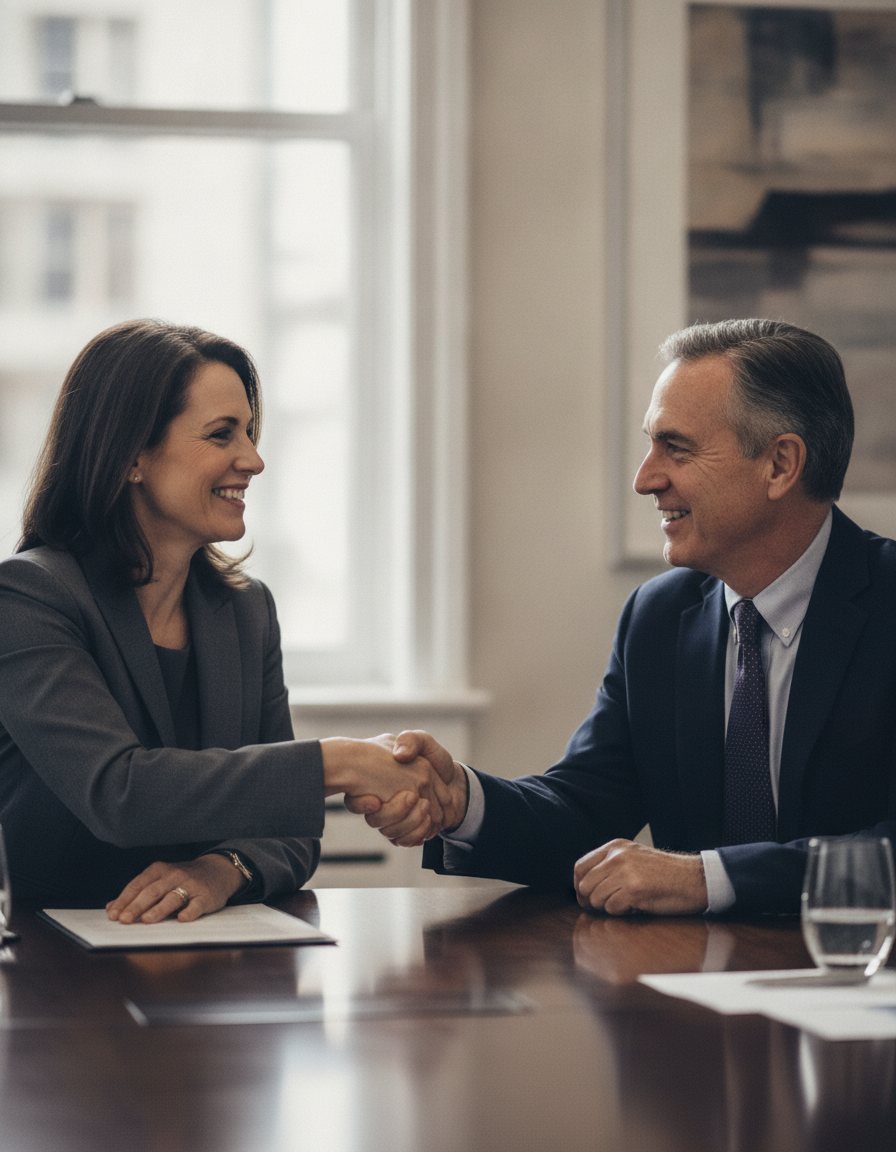 A CEO and an advisor shaking hands across a meeting table