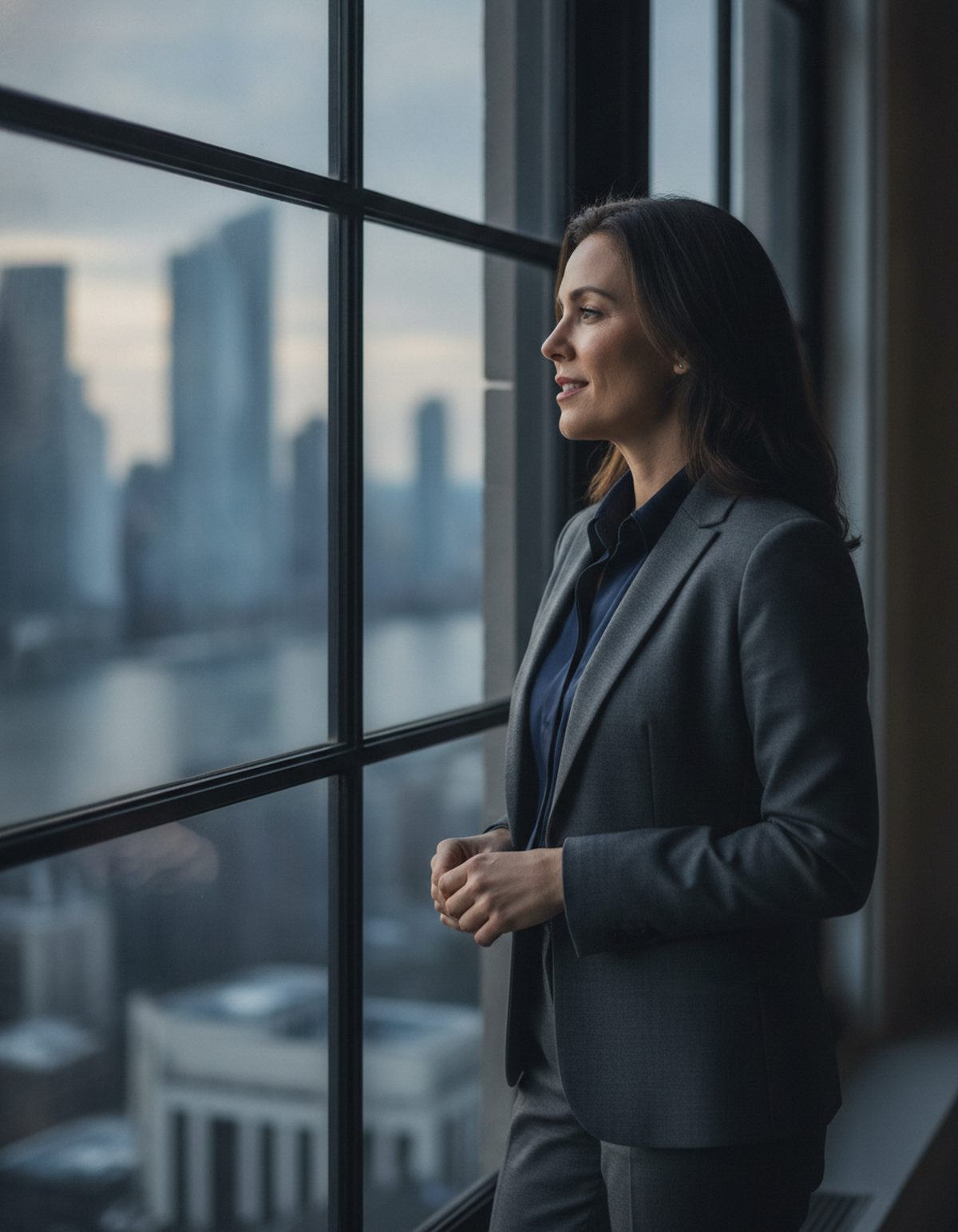 An executive looking out over the city, reflecting on the future of her company