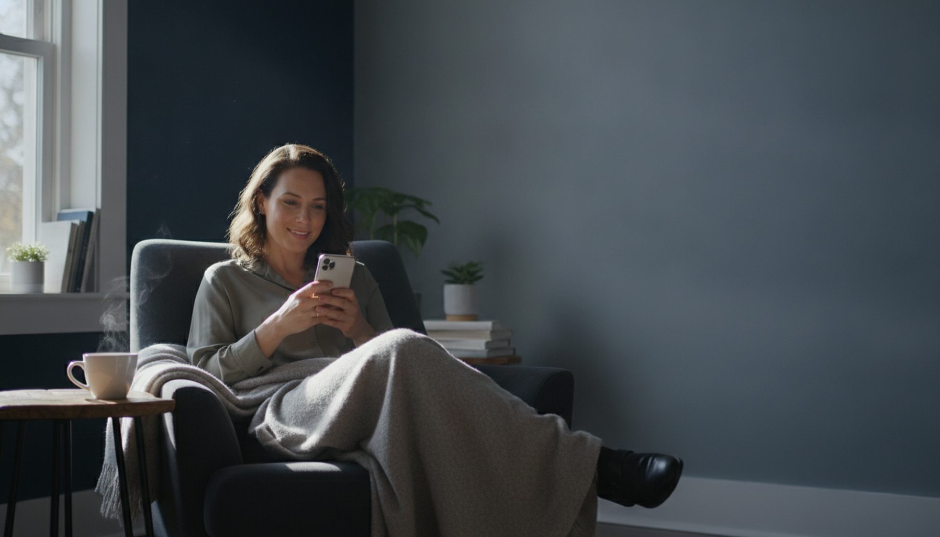 A business owner reading on a phone with morning coffee