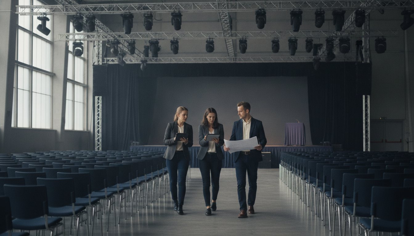 Event organizers reviewing plans in a conference hall during setup