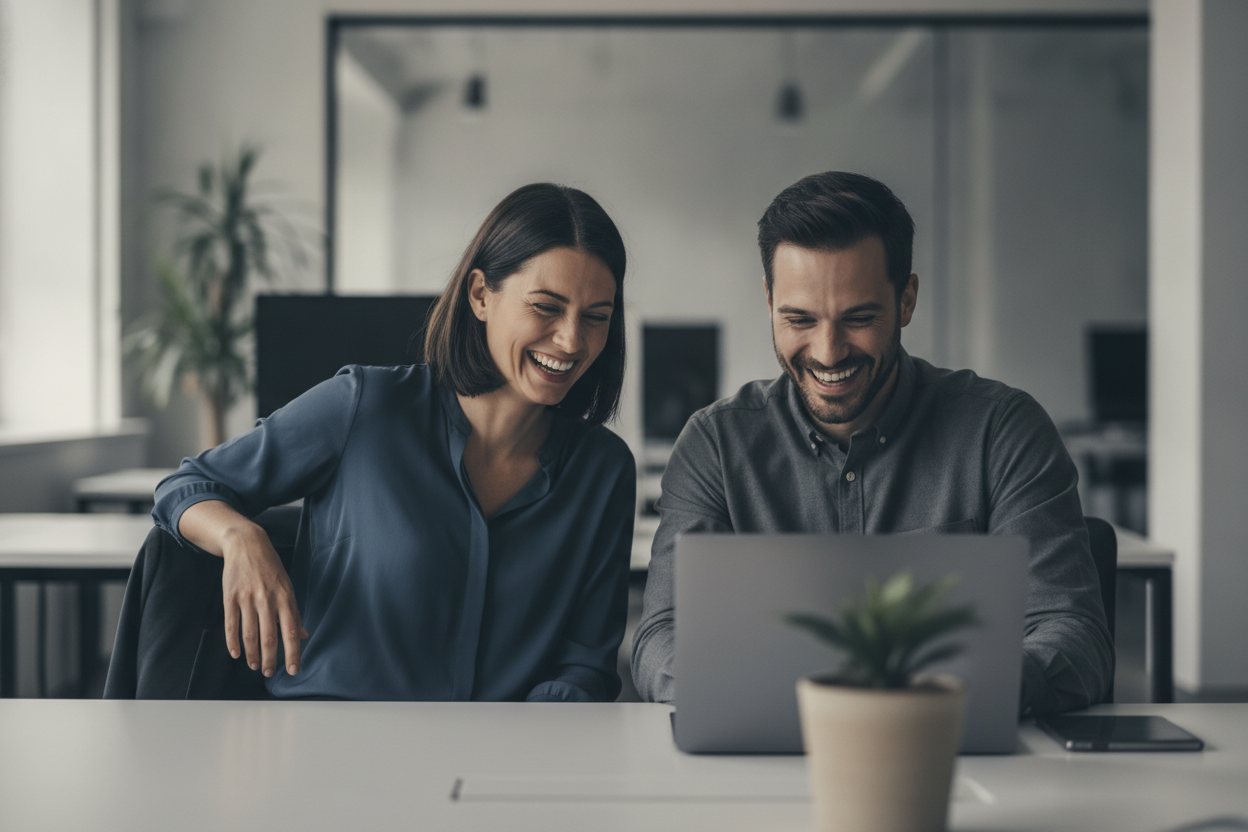 Two colleagues laughing together while working on a laptop