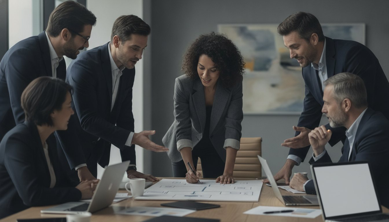 A leadership team redesigning a workflow together around a table