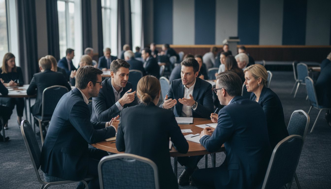 Executives discussing ideas at round tables in a workshop