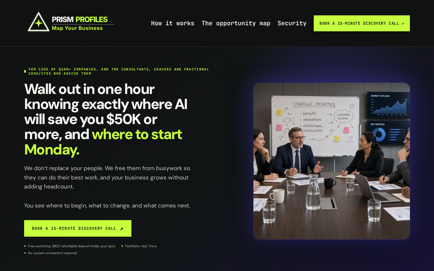 prismprofiles.com, live in a week: a one-hour workshop that maps where AI saves you money.