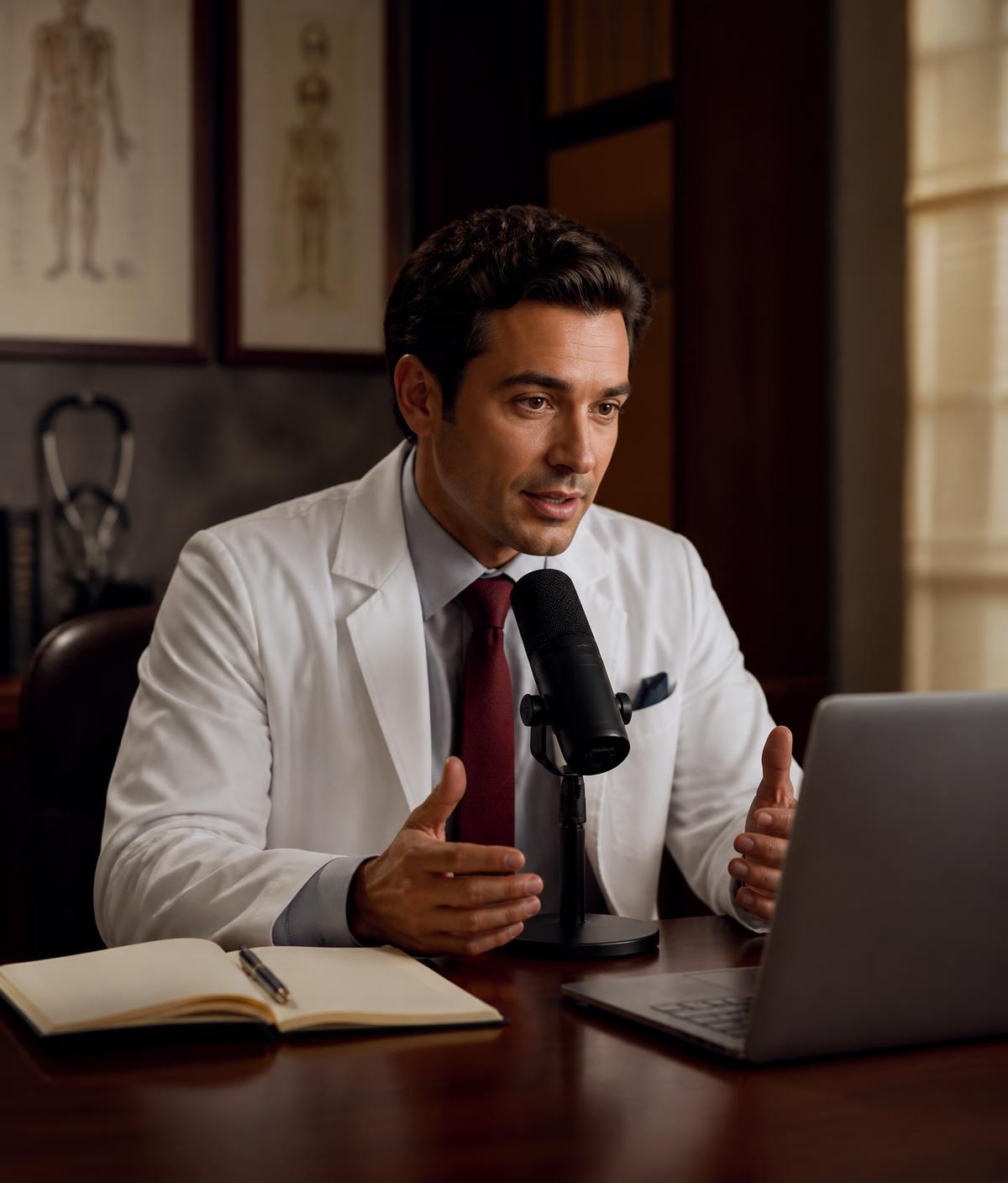 Illustrative physician speaking into a microphone for a clinical podcast interview