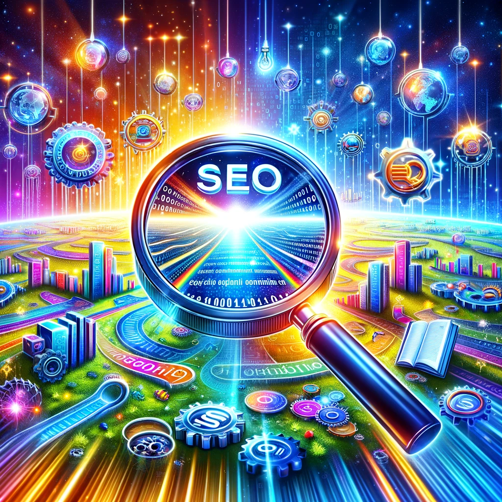 magnifying glass hovering over the word SEO