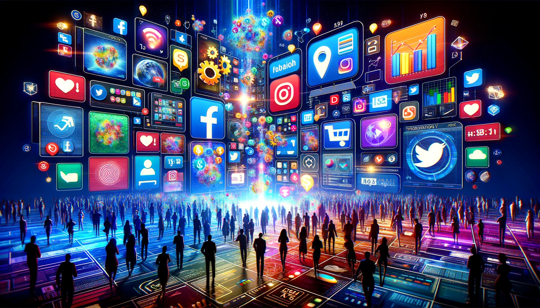 multiple social media icons floating in a digital world