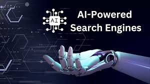 a robot hand with the words AI Powered Search Engine above it