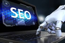 a laptop that shows the word SEO on its screen with a digital robot pointing at it
