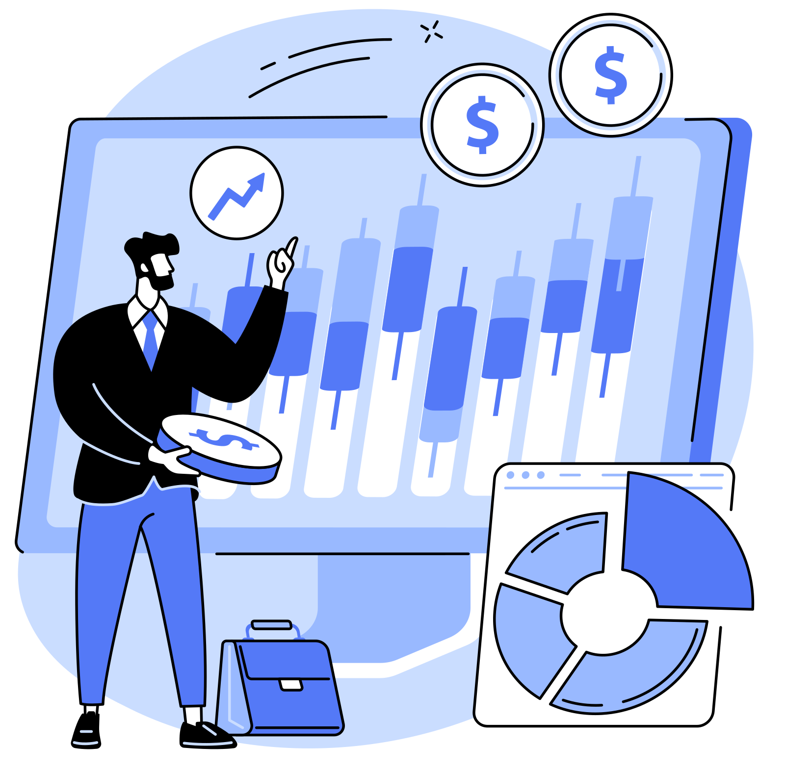 a man standing in front of a monitor with coins with $ on them