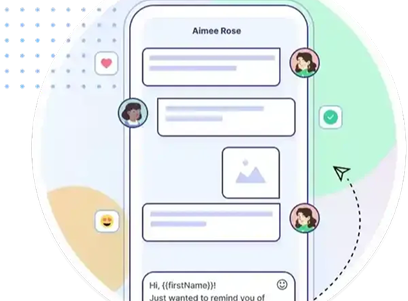 Illustration of a mobile chat interface inside the Project Broadcast app, showing automated text messages and user avatars for personalized communication.