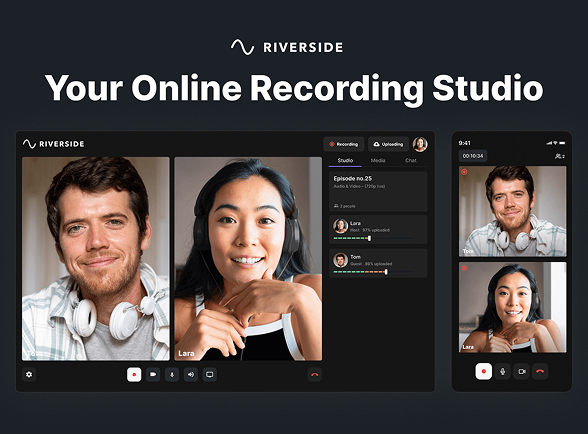Screenshot of Riverside.fm’s online podcast and video recording studio featuring high-quality video chat and editing tools for creators.