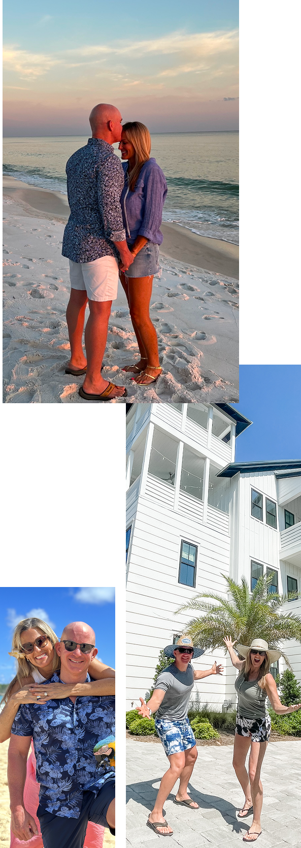A collage of Allan and Nicole Blain enjoying married life — kissing on the beach at sunset, smiling on a sunny piggyback ride, and playfully posing outside a white coastal vacation home.