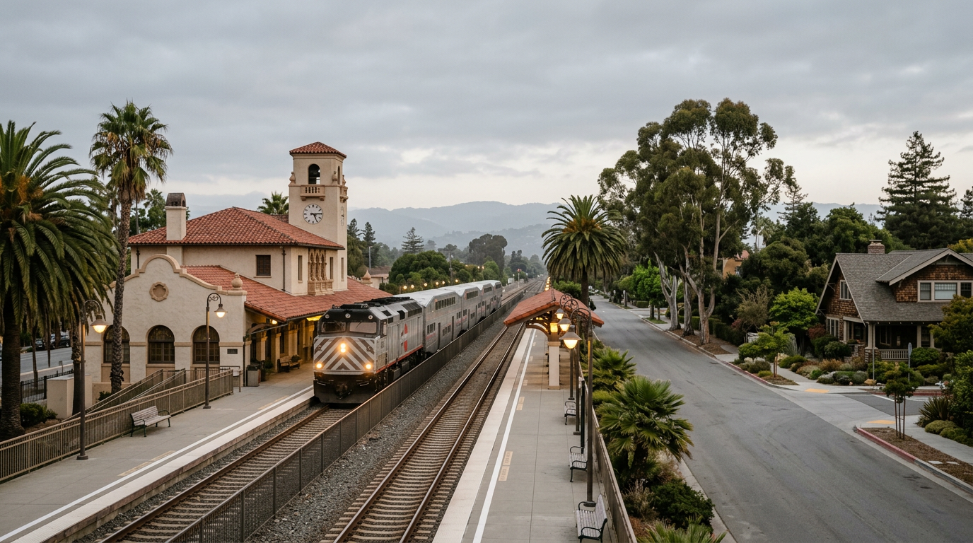 Caltrain commuter train arriving at the historic Burlingame station on the San Francisco Peninsula