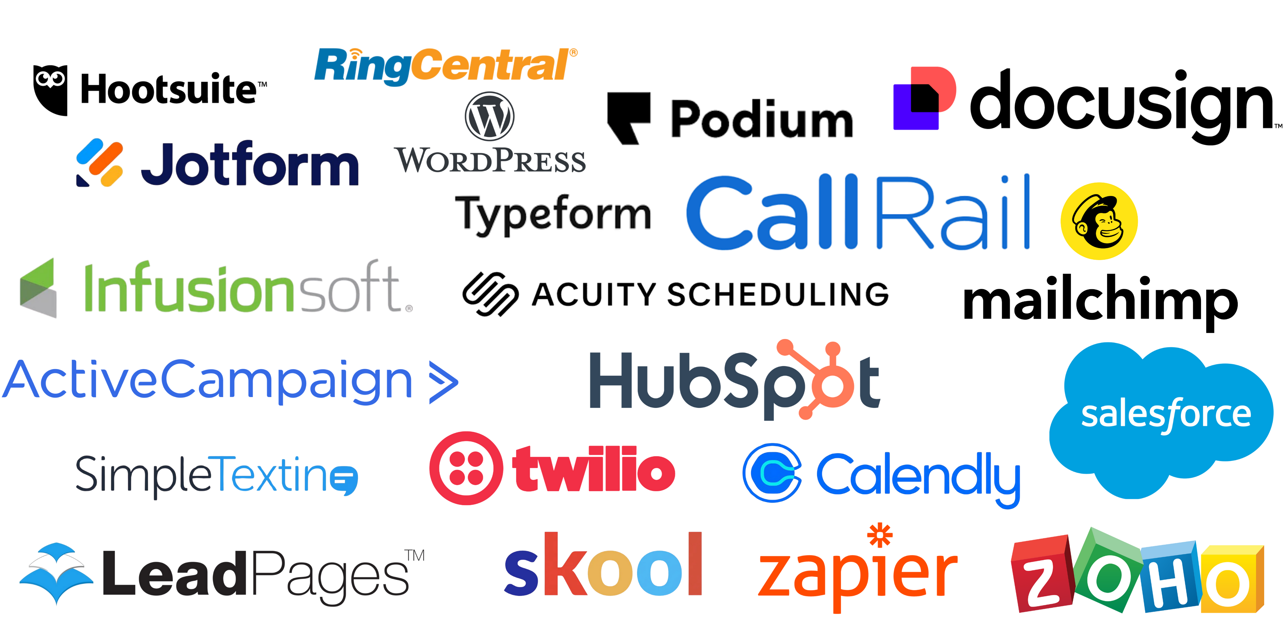 Swayze CRM replaces multiple business tools: Hootsuite, Ring Central, Podium, DocuSign, Jotform, WordPress, Typeform, Call Rail, Infusion Soft, Acuity Scheduling, Mailchimp, ActiveCampaign, HubSpot, Sales Force, Simple Texting, Twilio, Calendly, LeadPages, Skool, Zapier, Zoho and 100+ more