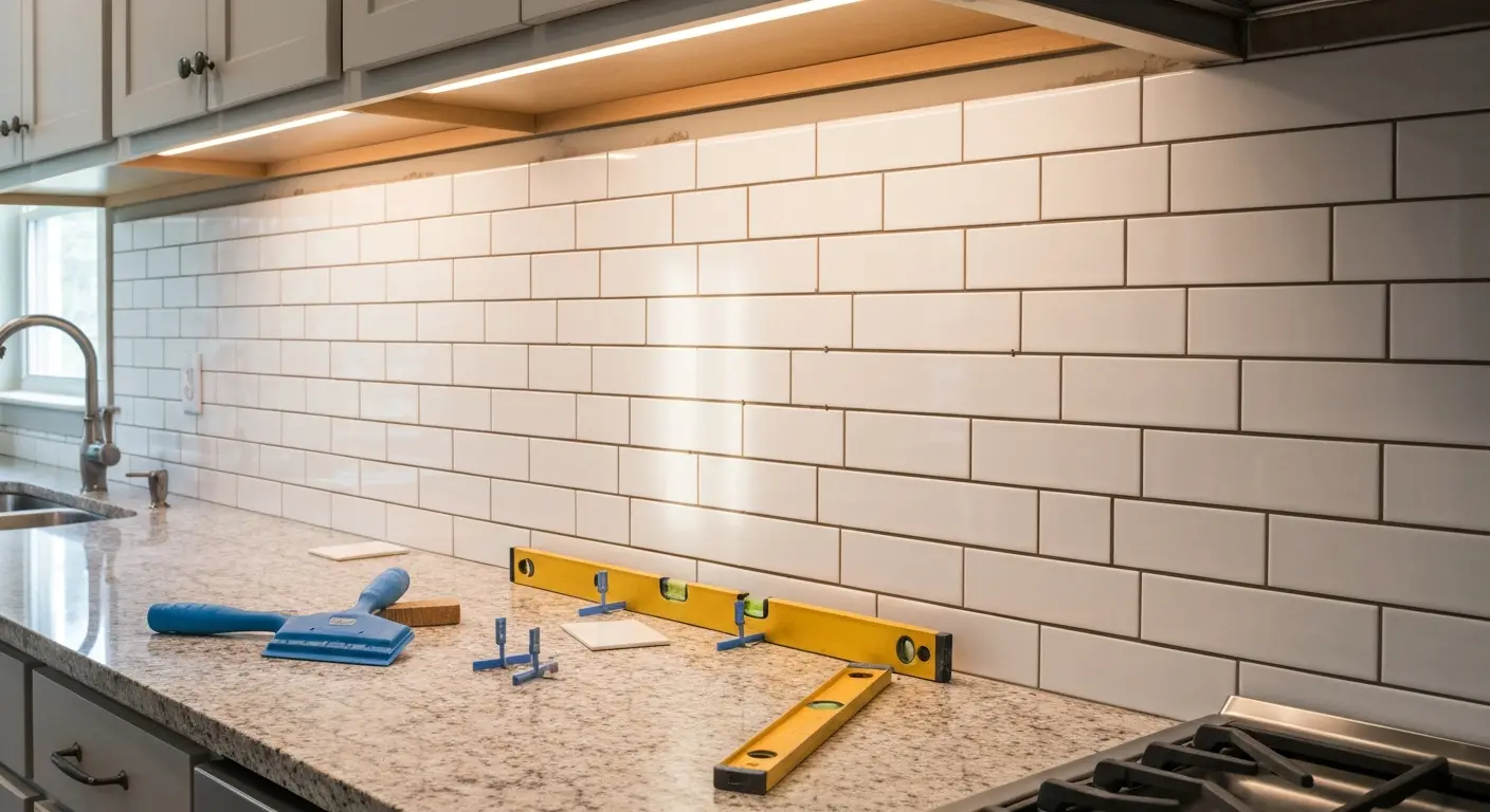 Ceramic tile backsplash installation