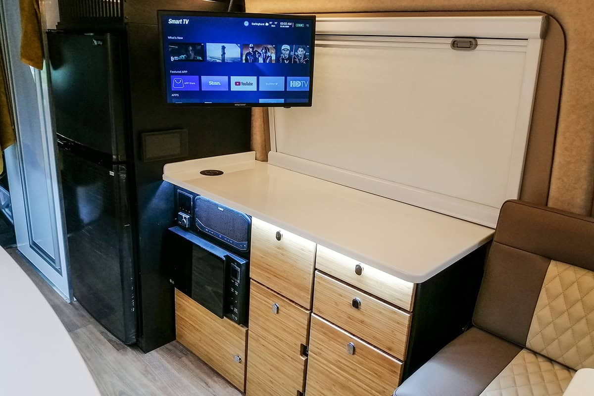 Fridge and entertainment area