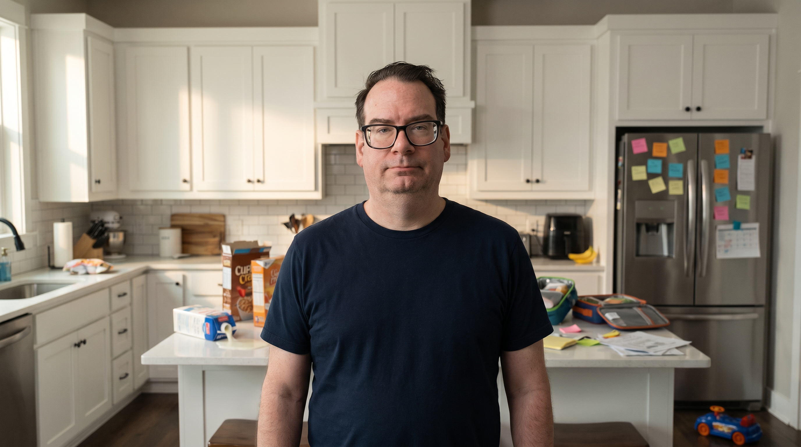 Justin in the kitchen — deadpan calm in the middle of family chaos.