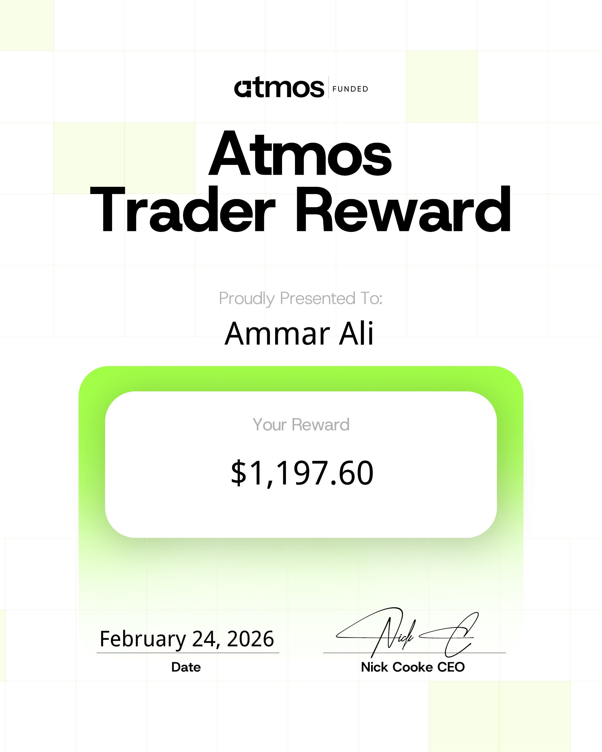 Atmos Funded payout certificate — $1,197.60