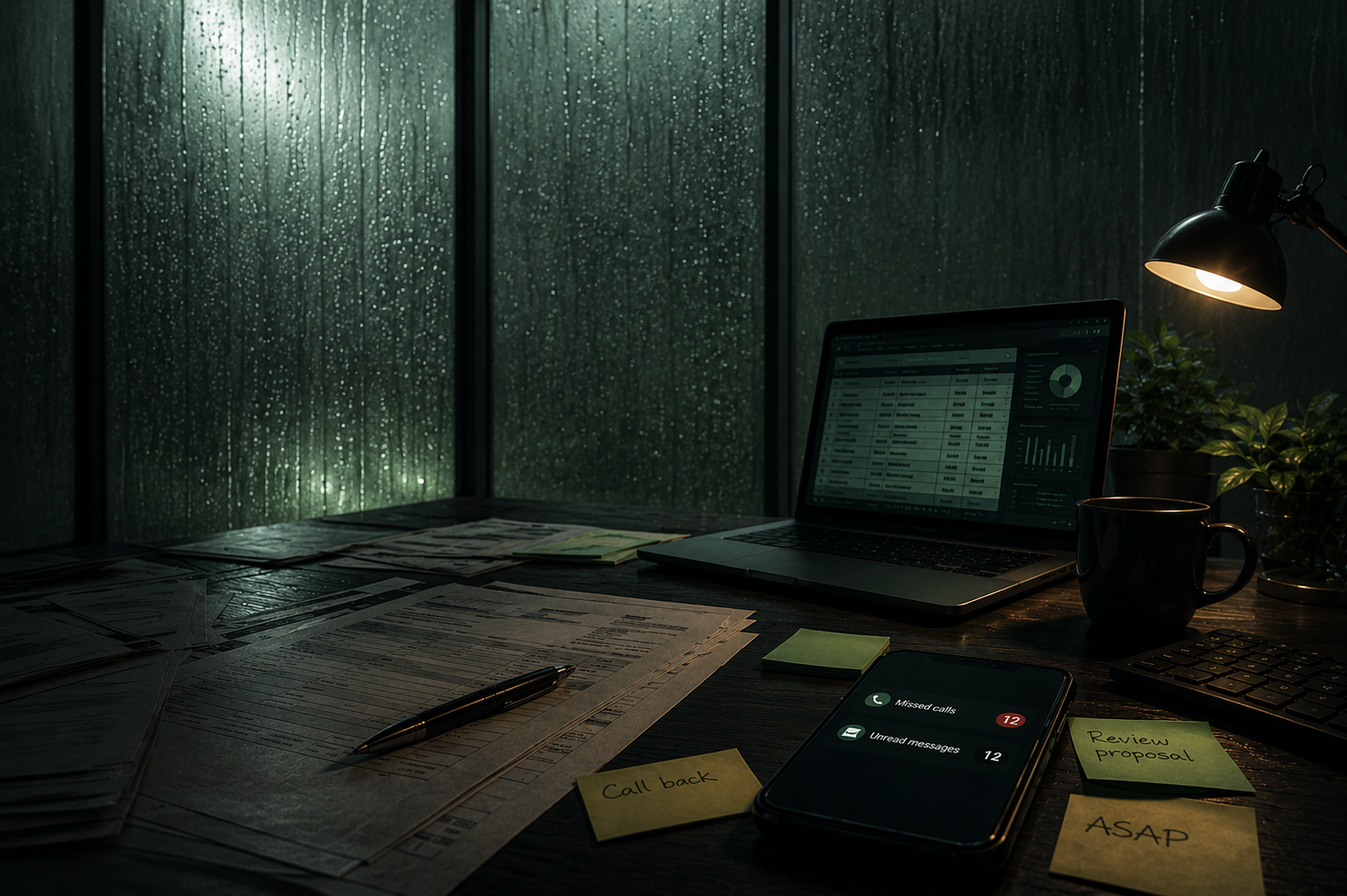 After-hours desk: missed calls, unread messages and sticky-note reminders piling up
