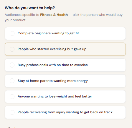 Guided questions screen showing topics to choose