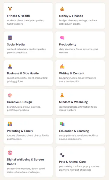 Choose niche screen showing the main product categories