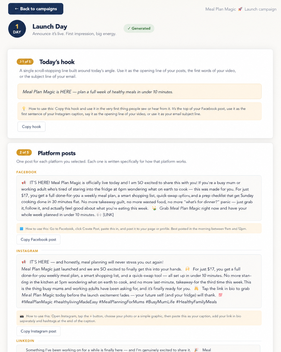 Launch and Promote Kit generated content example