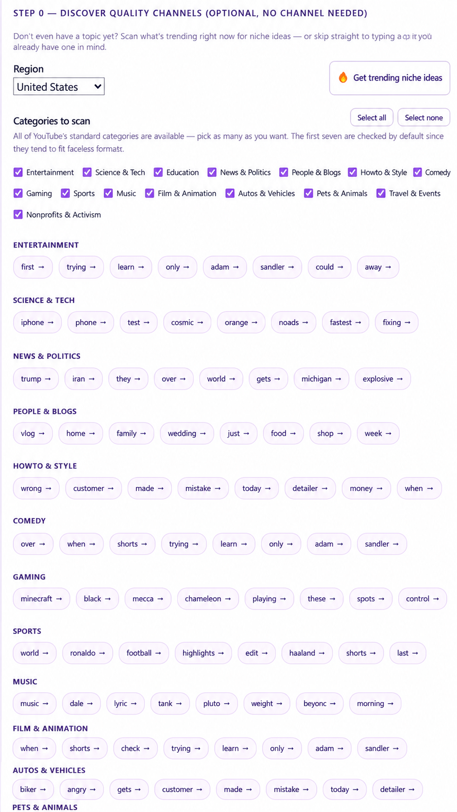 Outlier Scout channel discovery screen showing YouTube categories and trending niche ideas
