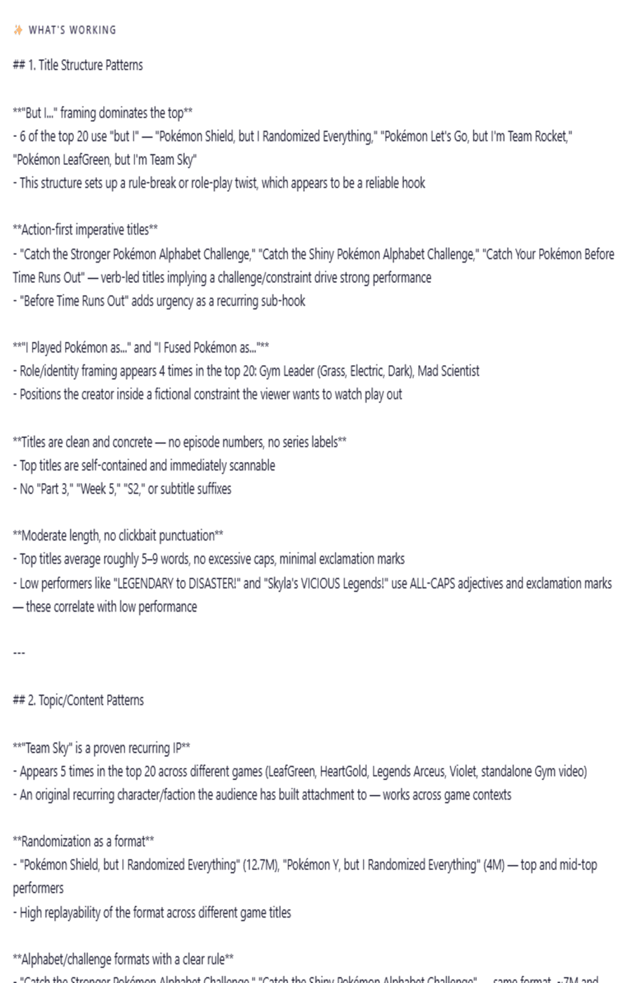 Outlier Scout pattern analysis showing title structures and topic patterns from MandJTV Plays