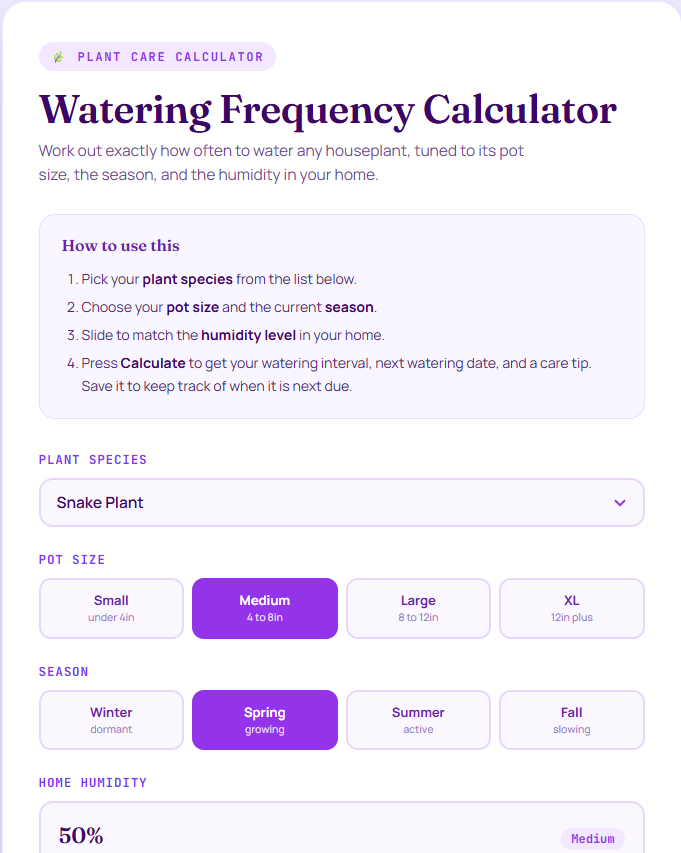 Plant watering frequency calculator product preview