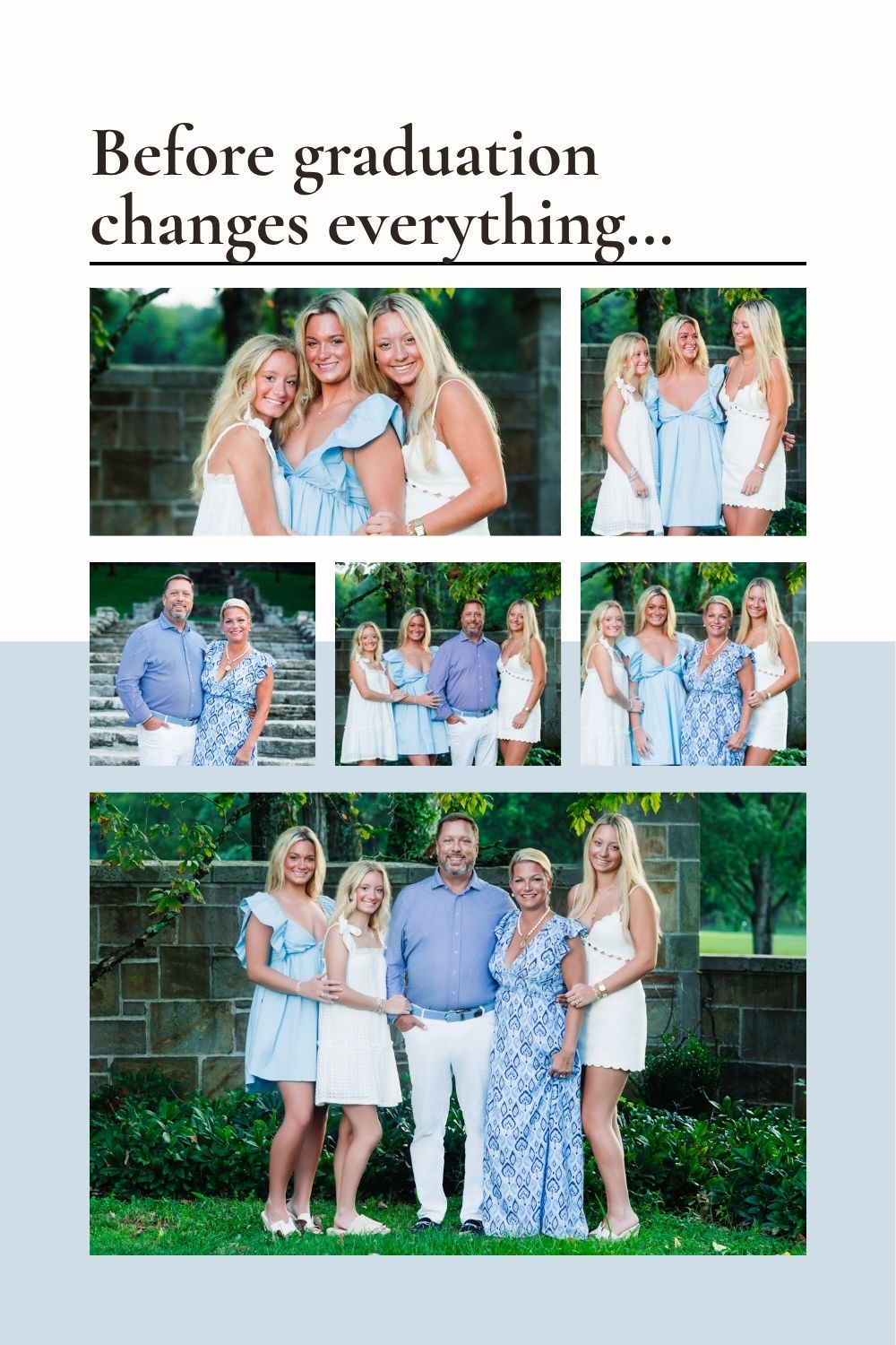 A family stands close together, laughing and leaning in, showing the easy connection of being under the same roof in senior year