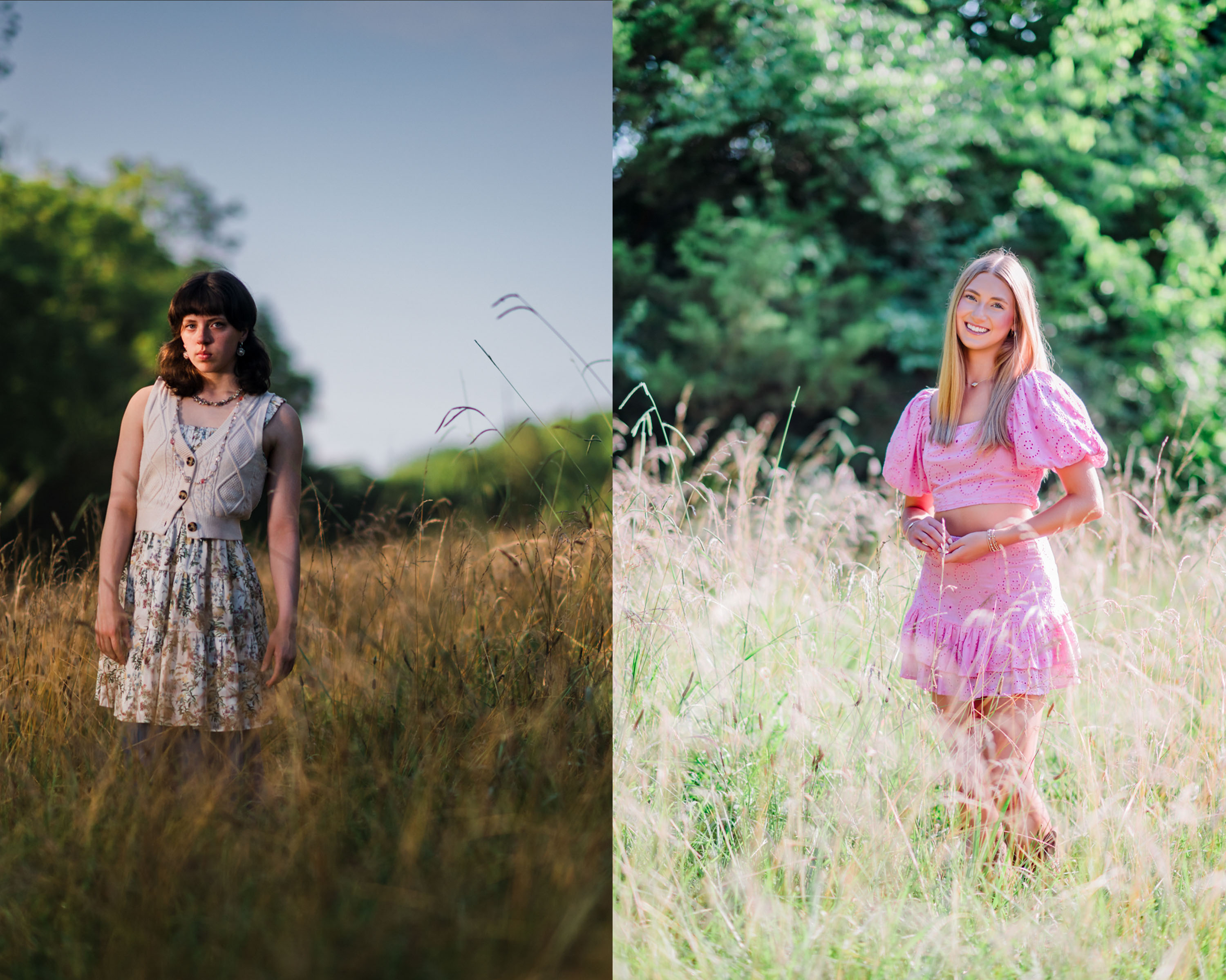 Two Nashville high school seniors photographed in the same field at golden hour, each showcasing her own distinct personal style and personality in her senior portraits.