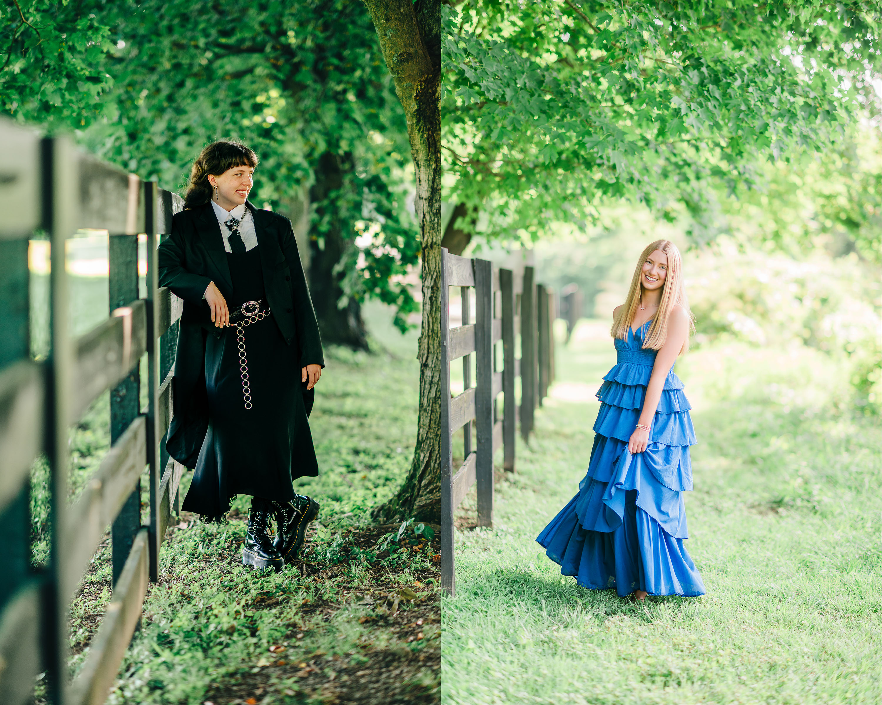 Two Nashville high school seniors photographed in the same outdoor setting, one in a black, edgy ensemble and the other in a flowing blue gown, each showcasing her distinct personal style and personality in her senior portraits.