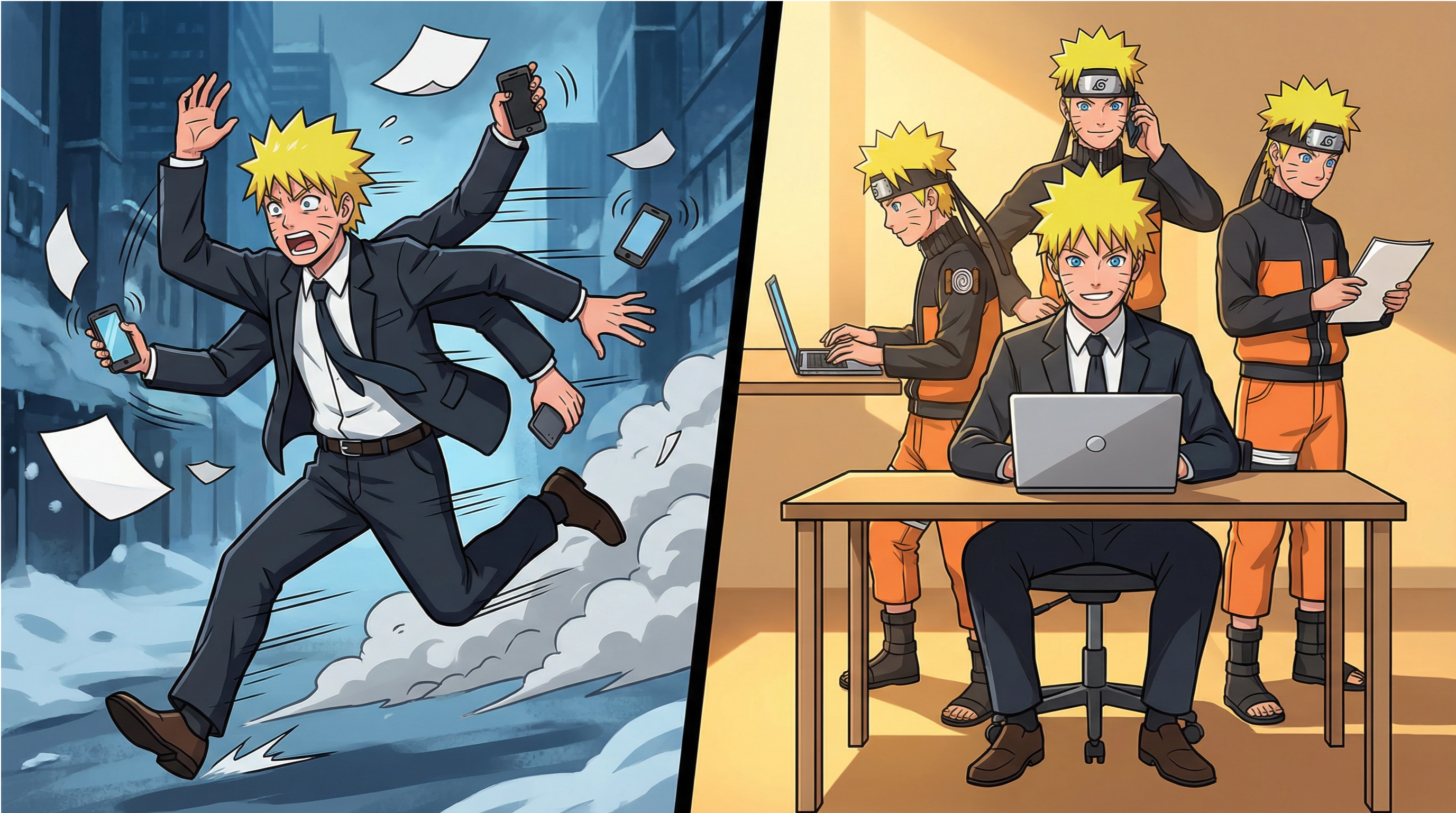 Before-and-after anime illustration showing a frantic lone ninja on the left transforming into a calm system architect with multiple clones working efficiently on the right.