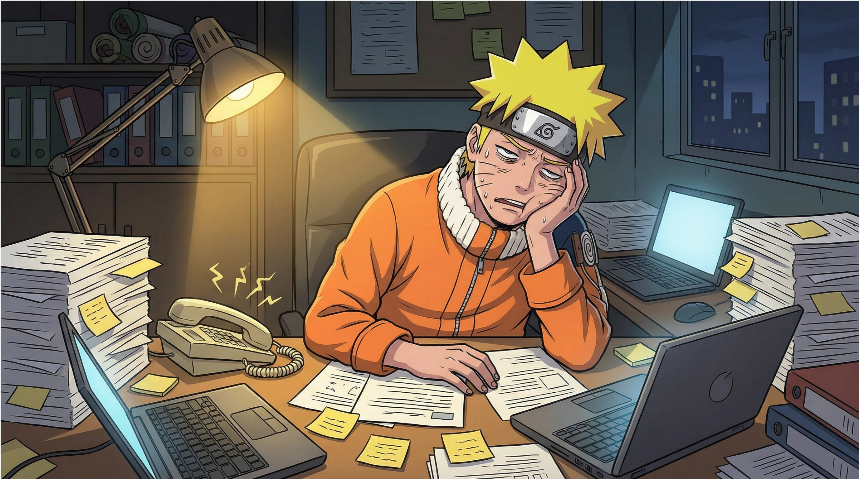 Anime-style ninja overwhelmed at a chaotic desk covered in paperwork and ringing phones, representing the burnout of doing everything manually.