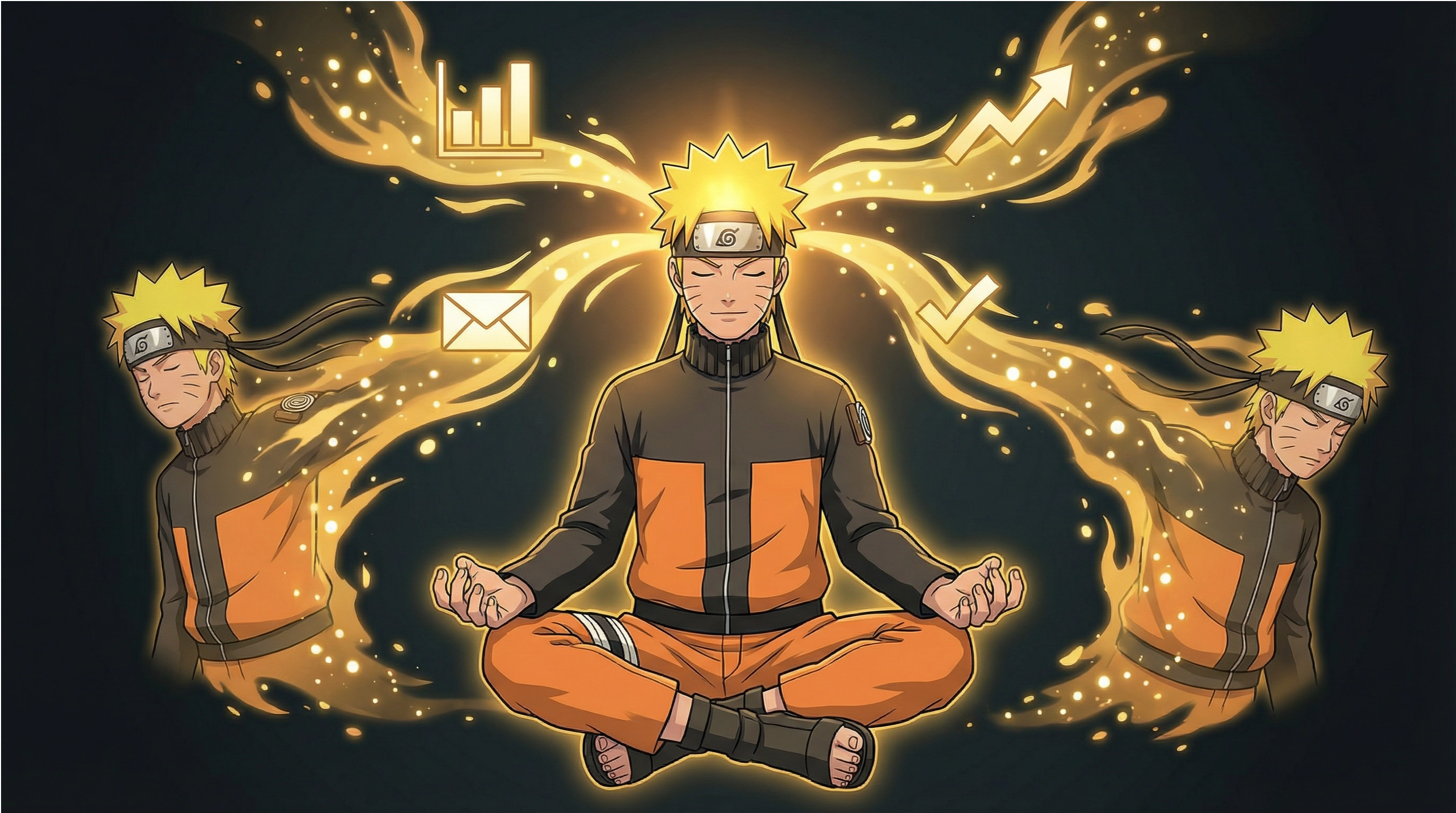 Anime illustration of Naruto meditating as shadow clones dissolve and transfer golden streams of knowledge and data back into his mind.