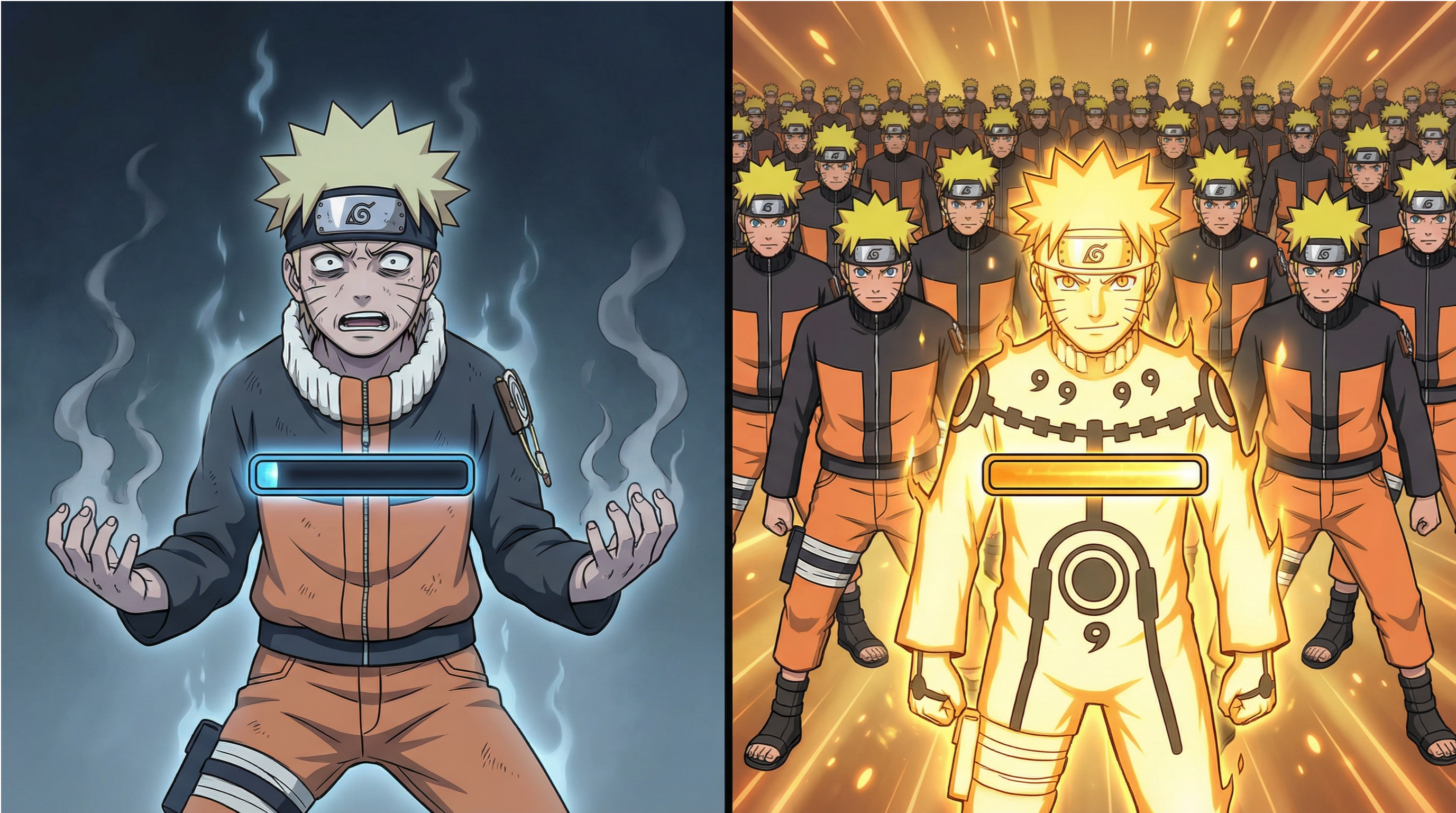 Two-panel anime illustration of Naruto with low chakra failing to sustain clones on the left, and Naruto with full chakra summoning a powerful clone army on the right.