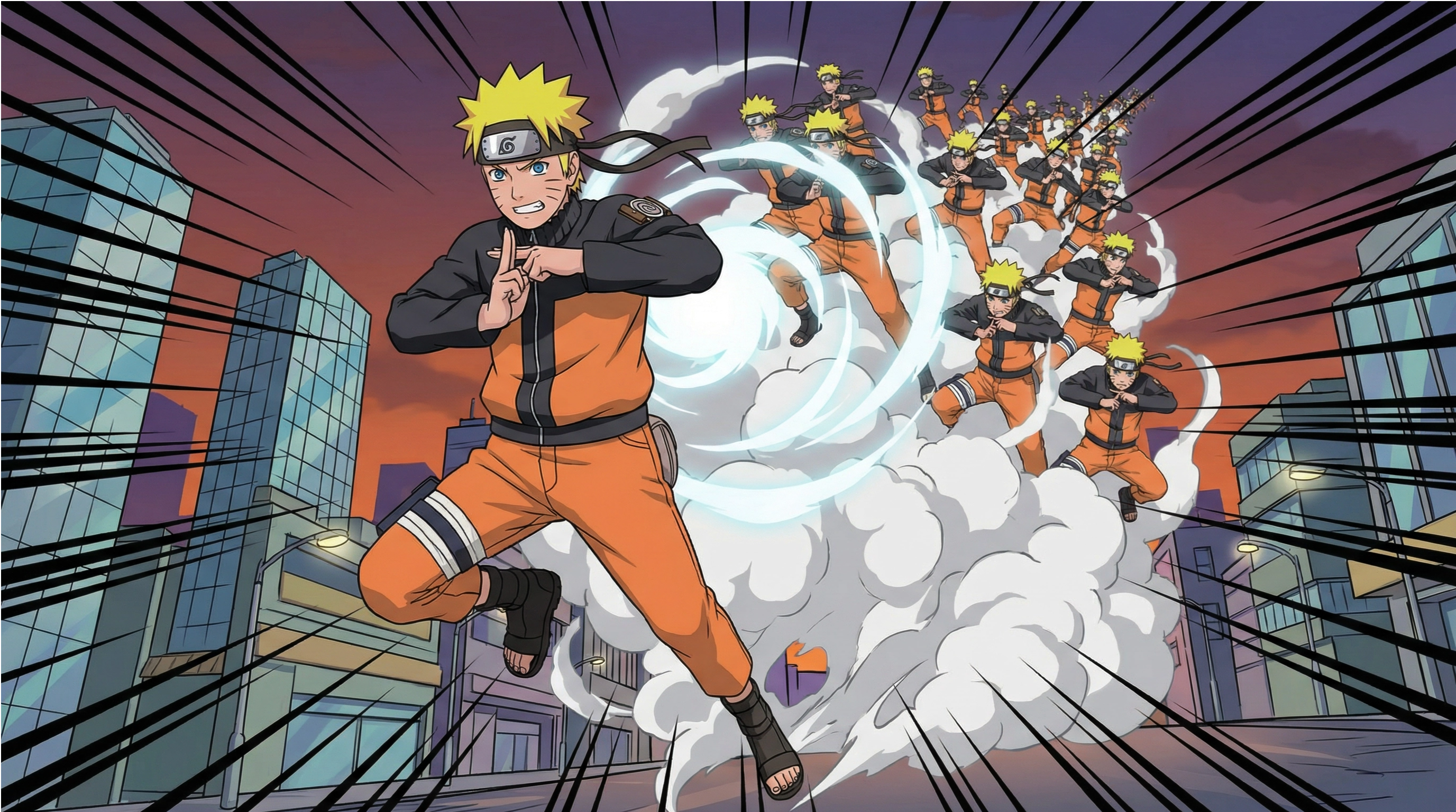 Naruto performing the Shadow Clone Jutsu with dozens of clones appearing behind him against a city skyline backdrop, representing business scalability.