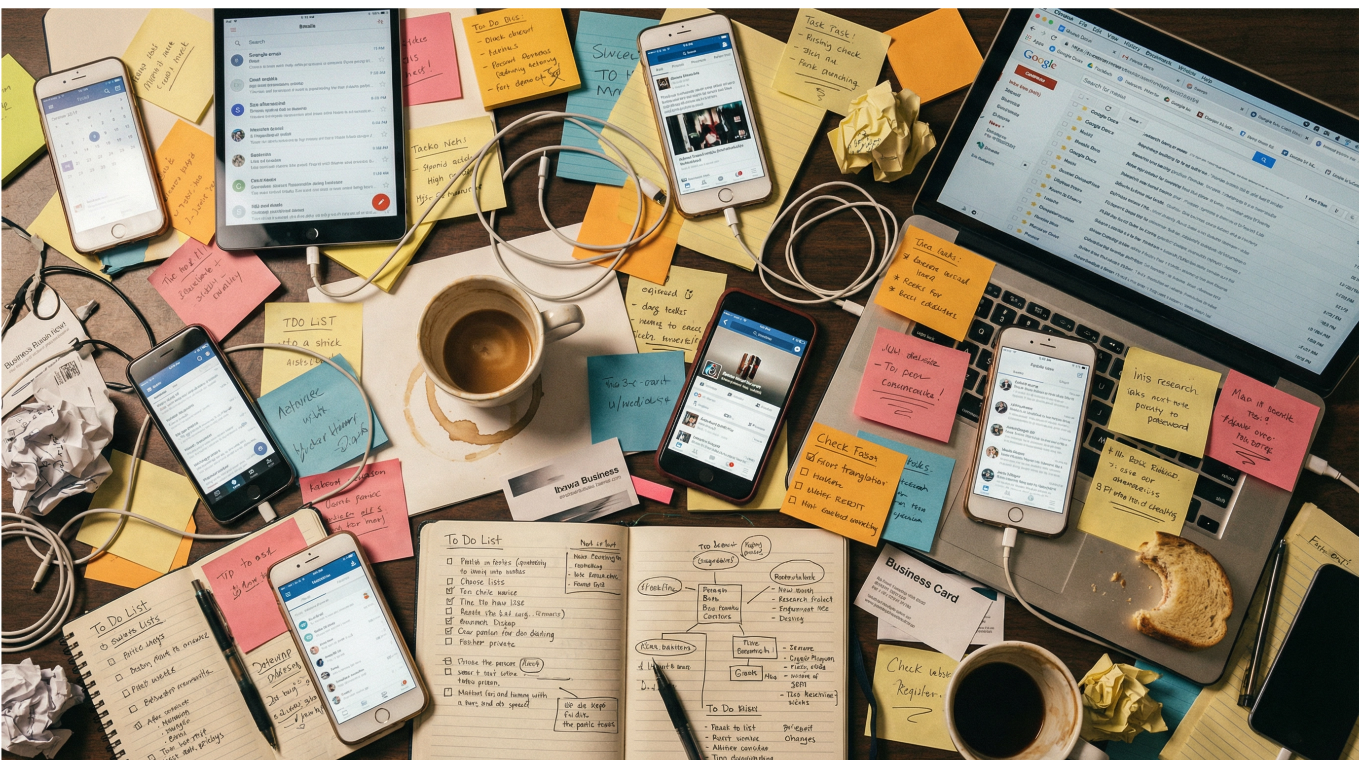 Overhead view of a chaotic desk covered in multiple phones, sticky notes, tangled cables, and open to-do lists, representing the overwhelm of managing disconnected small business marketing tools.