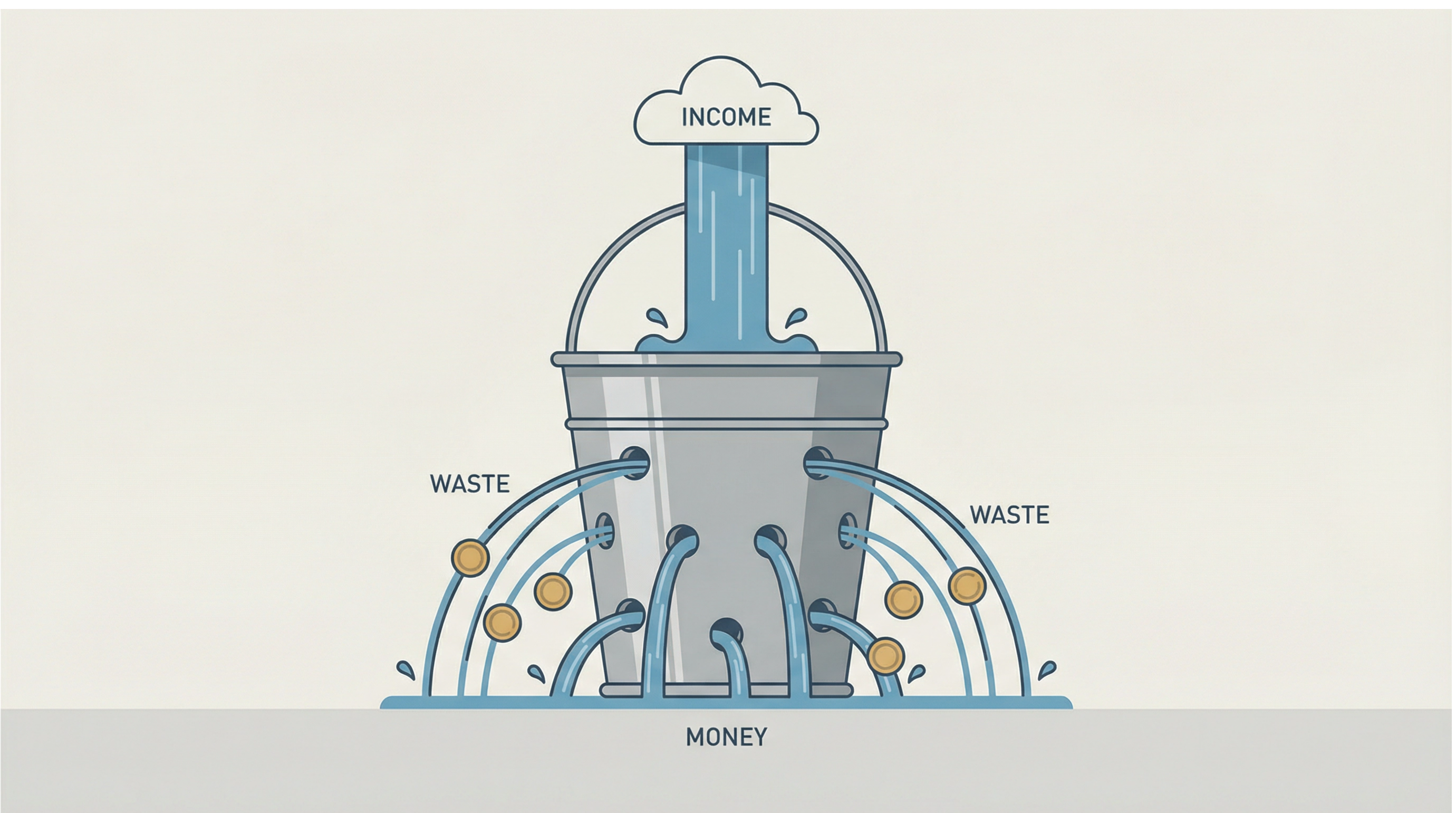 Editorial illustration of a metal bucket with holes, water and gold coins draining out the sides, representing marketing dollars wasted without a solid operational marketing foundation.