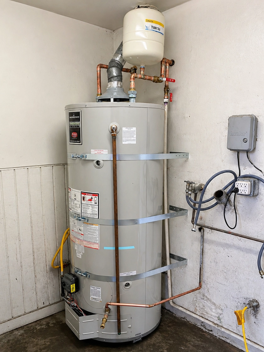 New Bradford White water heater installed by Plumb Guild — earthquake-strapped, expansion tank on top, drip pan, copper supply lines