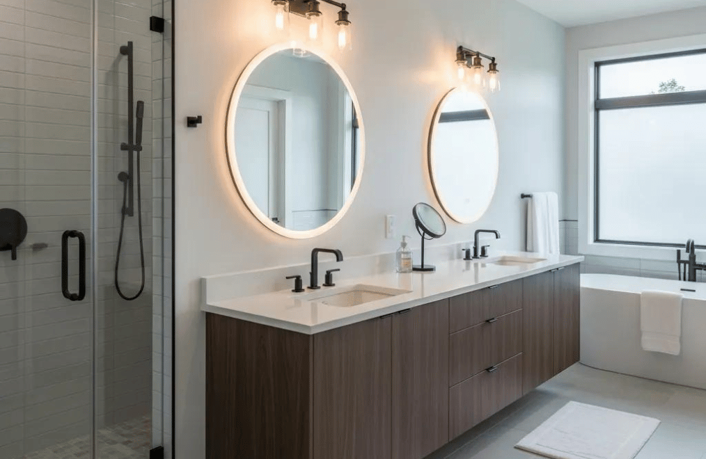 Renovated bathroom with modern vanity and walk-in shower showcasing high ROI upgrades Renovated bathroom with modern vanity and walk-in shower showcasing high ROI upgrades