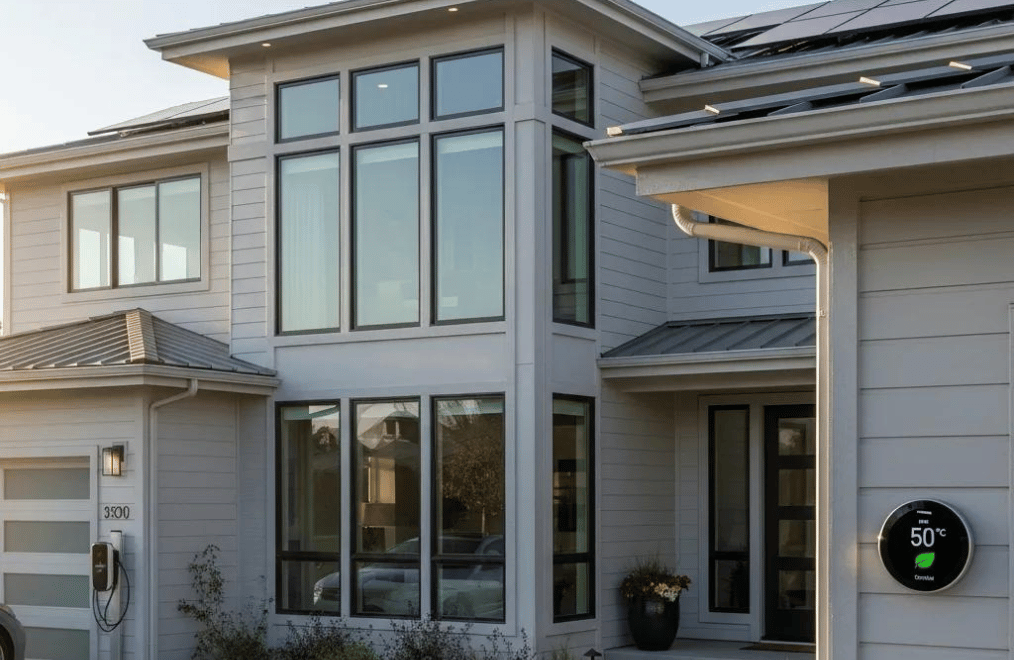 Home exterior with energy-efficient windows and smart thermostat emphasizing energy improvements Home exterior with energy-efficient windows and smart thermostat emphasizing energy improvements