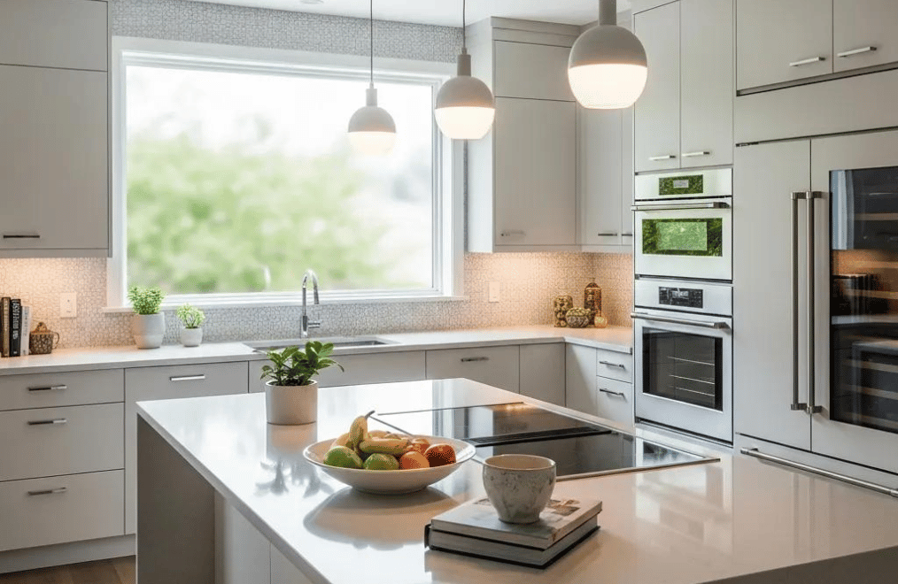 Modern kitchen with stylish appliances and elegant countertops representing home renovation Modern kitchen with stylish appliances and elegant countertops representing home renovation