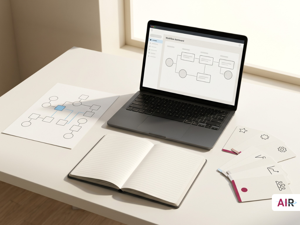 A polished planning scene for a thought-leadership campaign a laptop, notebook, blank audience cards, and a clean abstract content map on a desk A polished planning scene for a thought-leadership campaign a laptop, notebook, blank audience cards, and a clean abstract content map on a desk