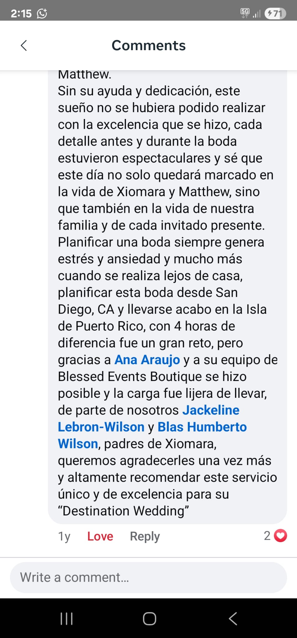 Mensaje de agradecimiento de novia
