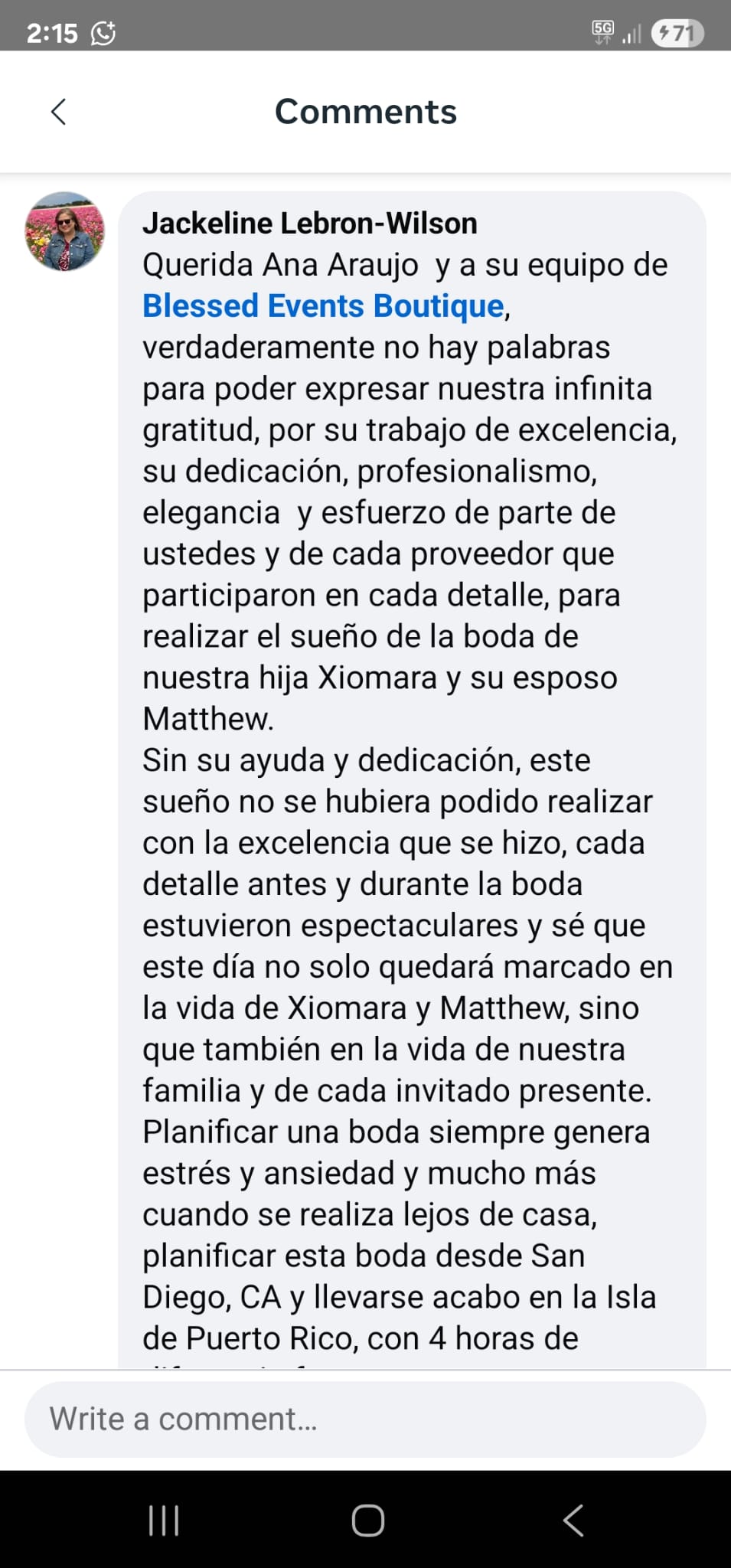 Testimonio de novia verificada en Facebook